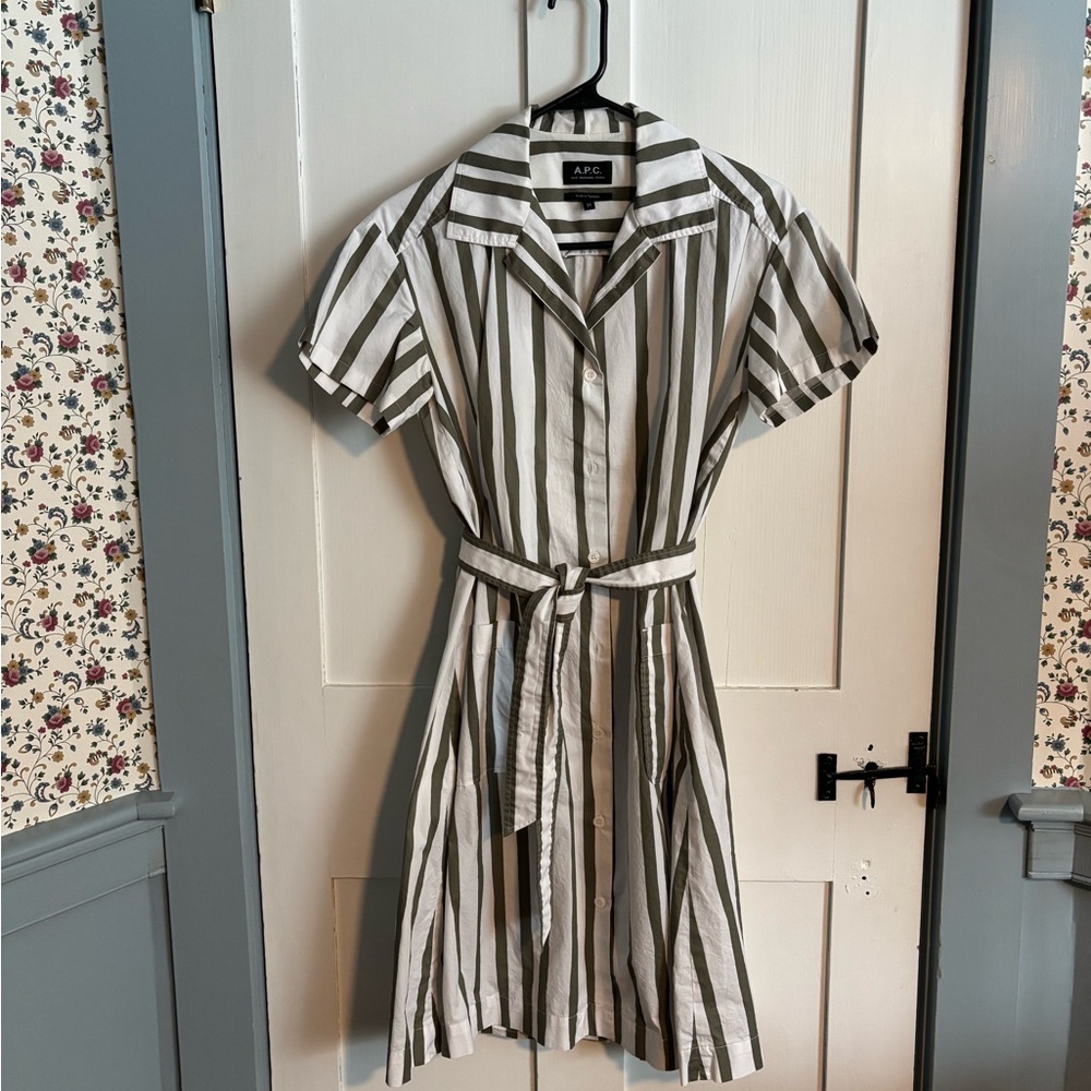 A.P.C. White and Olive Striped Shirt Dress
